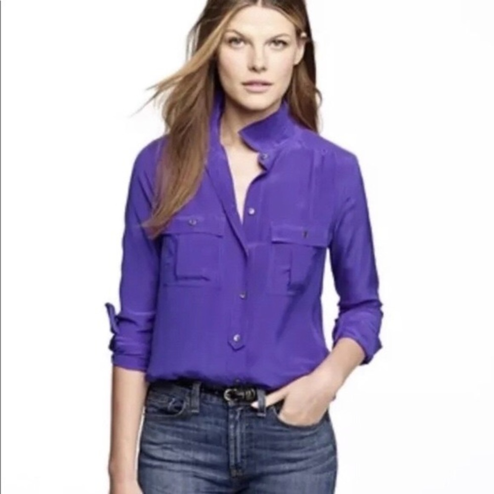 100% Silk Purple Button Up Blouse - JCrew